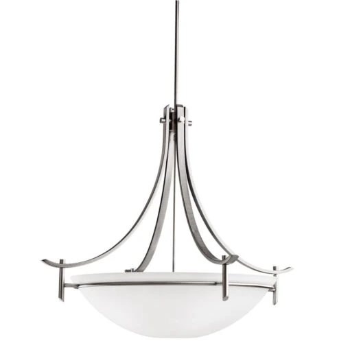 Olympia 5 Light 36 Inch Antique Pewter Inverted Pendant Large Ceiling Light In Satin Etched White Glass, Large